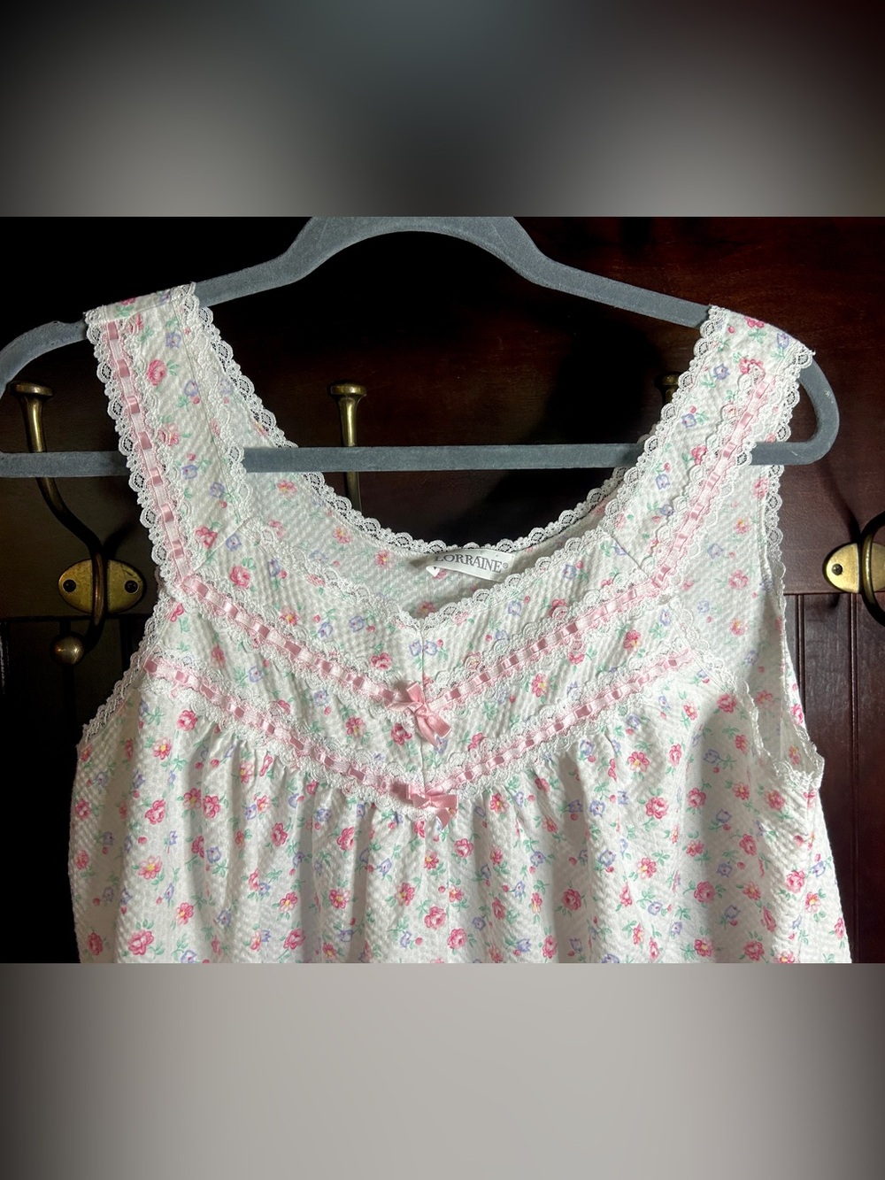 Vintage 90s Lorraine Floral Lace Ribbon Nightgown Cottagecore Dainty Prairie M - Picture 6 of 14